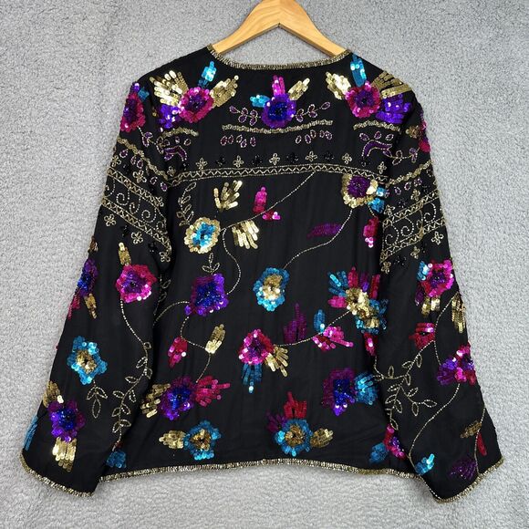 Vintage Draper’s & Damon’s 1X Silk Sequin Beaded Floral Jacket Black Glam - Picture 9 of 16